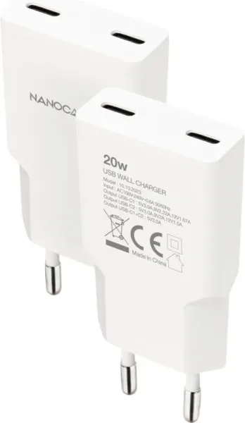 Cargador de Pared Nanocable 10.10.2023/ 2xUSB Tipo-C/ 20W/ Blanco
