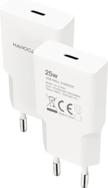 Cargador de Pared Nanocable 10.10.2024/ 1xUSB Tipo-C/ 25W/ Blanco