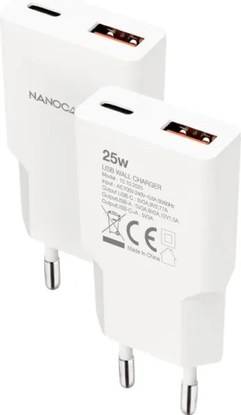 Cargador de Pared Nanocable 10.10.2025/ 1xUSB Tipo-C/ 1xUSB/ 25W/ Blanco