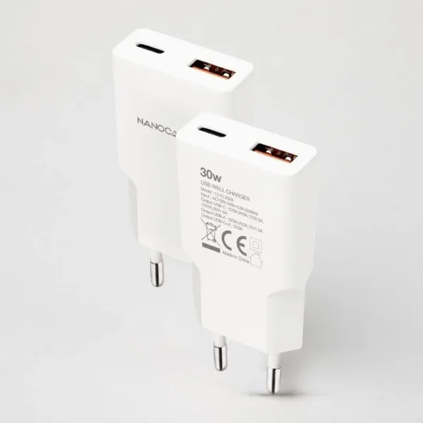 Cargador de Pared Nanocable 10.10.2028/ 1xUSB Tipo-C/ 1xUSB Macho/ 30W/ Blanco
