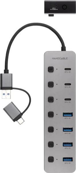Hub USB + USB Tipo-C Nanocable 10.16.4510/ 4xUSB/ 3xUSB Tipo-C/ 1xUSB Tipo-C PD/ Gris