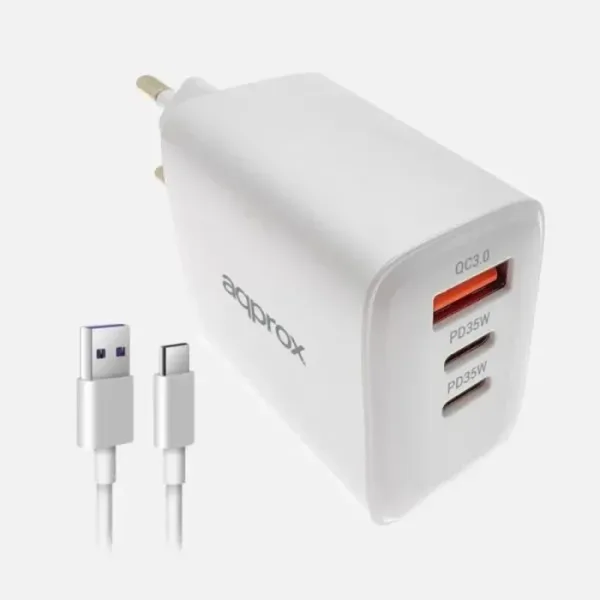 CARGADOR USB DE VIAJE/PARED USB/2xUSB-C + CABLE USB-A A USB-C 35W BLANCO APPROX