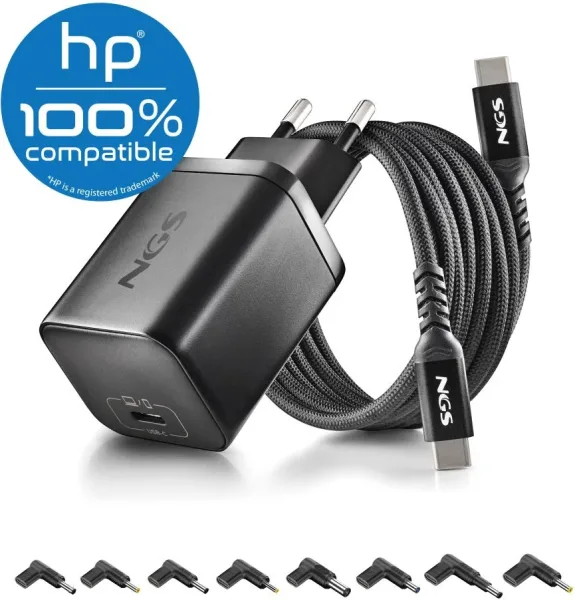 Cargador de Portátil GaN NGS BUD65W-H para HP/ 1xUSB Tipo-C/ 65W/ Automático/ 8 Conectores/ Voltaje 5-20V