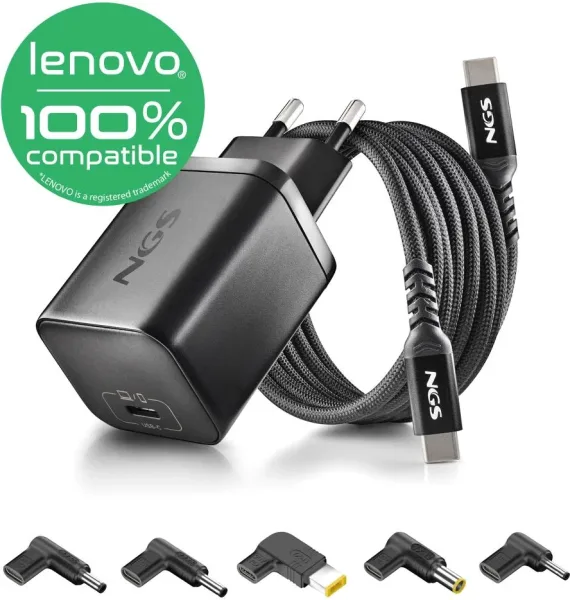 Cargador de Portátil GaN NGS BUD65W-L para Lenovo/ 1xUSB Tipo-C/ 65W/ Automático/ 5 Conectores/ Voltaje 5-20V