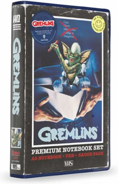 Set papeleria vhs SD toys gremlins libreta chapas y boligrafo