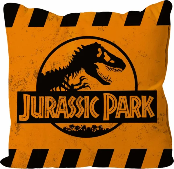 Cojin cuadrado caution logo naranja jurassic park envasado vacio