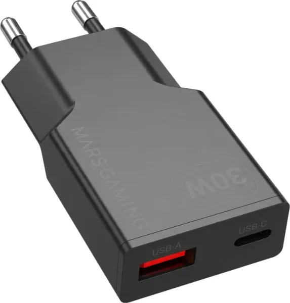 CARGADOR USB PARED USB-C + USB-A GaN 30W NEGRO MARS GAMING