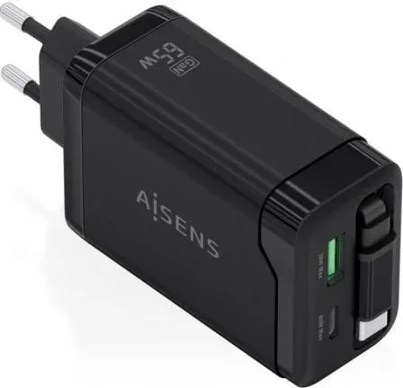 Cargador de Pared GaN Aisens ASCH-65W3P071-BK/ 1xUSB Tipo-C/ 1xUSB/ 65W/ Negro