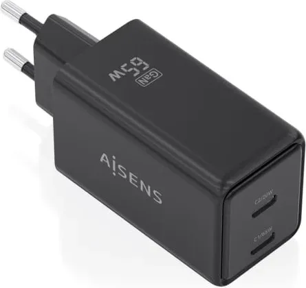 Cargador de Pared GaN Aisens ASCH-65W2P079-BK/ 2xUSB Tipo-C/ 65W/ Negro
