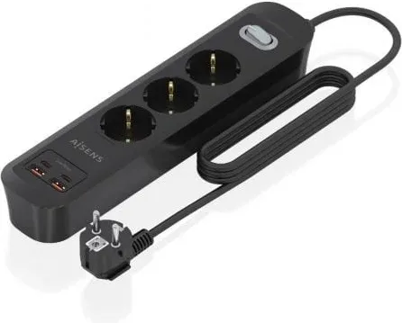 Regleta con Interruptor Aisens ASPS-2A2C11-BK/ 3 Tomas de Corriente/ 2 USB - 2 USB Tipo-C/ Cable 1.4m/ Negro