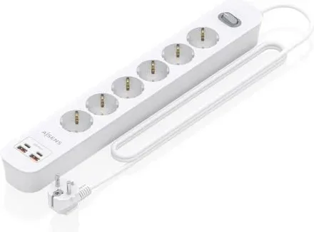 Regleta con Interruptor Aisens ASPS-2A2C16-W/ 6 Tomas de Corriente/ 2 USB - 2 USB Tipo-C/ Cable 1.4m/ Blanco