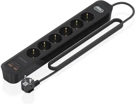 Regleta con Interruptor Aisens ASPS-2A2C17-BK/ 6 Tomas de Corriente/ 2 USB - 2 USB Tipo-C/ Cable 1.4m/ Negro