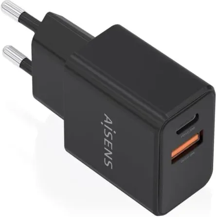 Cargador de Pared GaN Aisens A110-1026/ 1xUSB Tipo-C/ 1xUSB/ 20W/ Negro