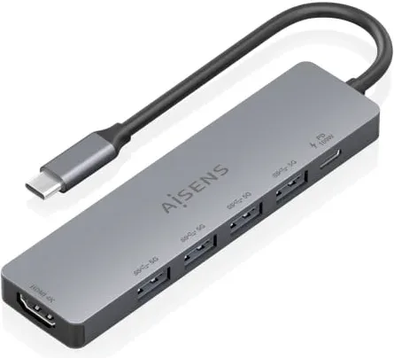 Docking USB Tipo-C Aisens ASUC-6P047-GR/ 1xHDMI 4K/ 4xUSB/ 1xUSB Tipo-C PD/ Gris