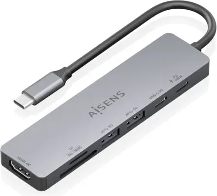 Docking USB Tipo-C Aisens ASUC-7P048-GR/ 1xHDMI 4K/ 2xUSB/ 1xUSB Tipo-C/ 1xUSB Tipo-C PD/ 1x Lector de Tarjetas/ Gris