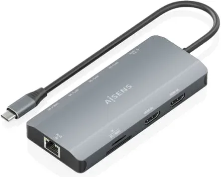 Docking USB Tipo-C Aisens ASUC-10P052-GR/ 2xHDMI 4K/ 1xRJ45/ 3xUSB/ 1xUSB Tipo-C/ 1xUSB Tipo-C PD/ 1xLector de Tarjetas/ Gris