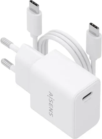 Cargador de Pared GaN Aisens ASCH-20W1P081-W/ 1xUSB Tipo-C/ 20W/ Blanco/ Incluye Cable USB Tipo-C