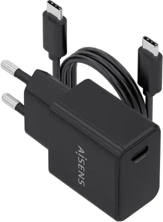 Cargador de Pared GaN Aisens ASCH-20W1P082-BK/ 1xUSB Tipo-C/ 20W/ Incluye Cable USB Tipo-C