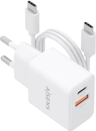Cargador de Pared GaN Aisens ASCH-20W2P083-W/ 1xUSB Tipo-C/ 1xUSB/ 20W/ Blanco/ Incluye Cable USB Tipo-C