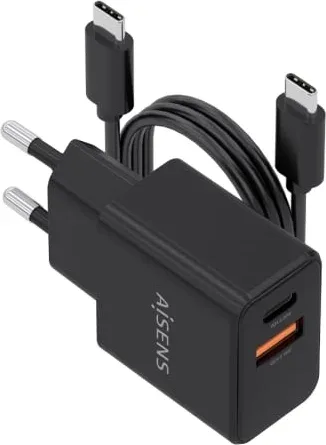 Cargador de Pared GaN Aisens ASCH-20W2P084-BK/ 1xUSB Tipo-C/ 1xUSB/ 20W/ Incluye Cable USB Tipo-C