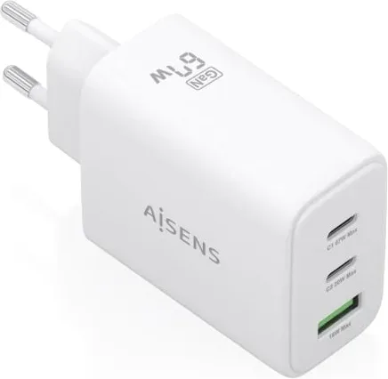 Cargador de Pared GaN Aisens ASCH-67W3P086-W/ 2xUSB Tipo-C/ 1xUSB/ 67W/ Blanco
