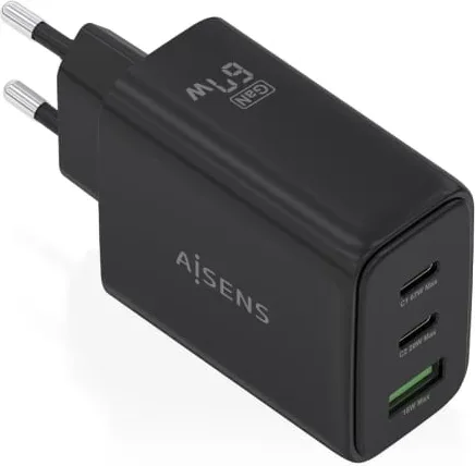 Cargador de Pared GaN Aisens ASCH-67W3P087-BK/ 2xUSB Tipo-C/ 1xUSB/ 67W