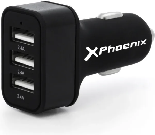 Cargador universal phoenix phcarcharger3usb para coche -  mechero  5v - 3 x USB 7.2a negro acabado en silicona
