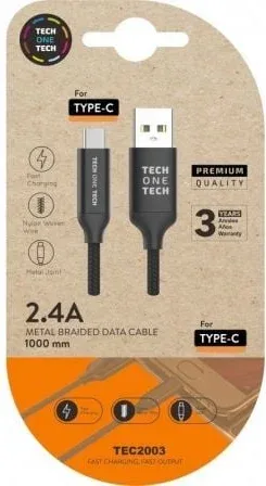 Cable USB 2.0 Tipo-C Tech One Tech TEC2003/ USB Tipo-C Macho - USB Macho/ 480Mbps/ 1m/ Negro
