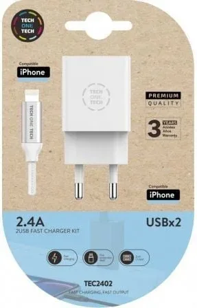 Cargador de Pared Tech One Tech TEC2402/ 2xUSB + Cable Lightning/ 12W/ Blanco