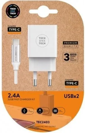 Cargador de Pared Tech One Tech TEC2403/ 2xUSB + Cable USB Tipo-C/ 12W/ Blanco
