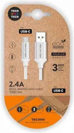 Cable USB 2.0 Tech One Tech TEC2006/ USB Tipo-C Macho - USB Macho/ 480Mbps/ 1m/ Blanco
