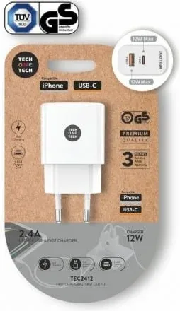 Cargador de Pared Tech One Tech TEC2412/ 1xUSB Tipo-C/ 1xUSB/ 12W/ Blanco