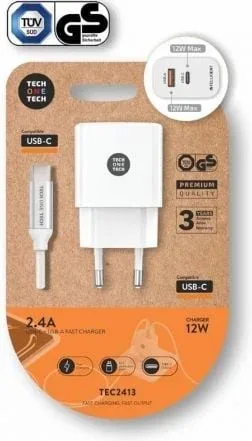 Cargador de Pared Tech One Tech TEC2413/ 1xUSB Tipo-C/ 1xUSB + Cable USB Tipo-C/ 12W/ Blanco