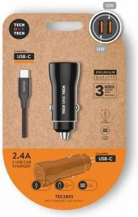 Cargador de Coche Tech One Tech TEC2803/ 2xUSB + Cable USB Tipo-C/ 12W