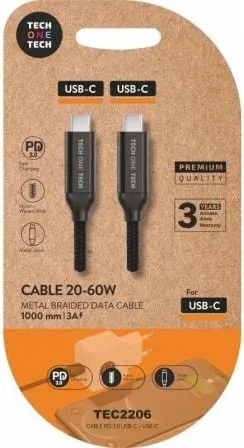 Cable USB 2.0 Tipo-C Tech One Tech TEC2206/ USB Tipo-C Macho - USB Tipo-C Macho/ Hasta 60W/ 480Mbps/ 1m/ Negro