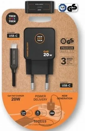 Cargador de Pared GaN Tech One Tech TEC2223/ 1xUSB Tipo-C + Cable USB Tipo-C/ 20W/ Negro