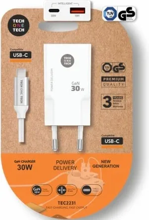 Cargador de Pared Tech One Tech TEC2231/ 1xUSB Tipo-C/ 1xUSB + Cable USB Tipo-C/ 30W/ Blanco