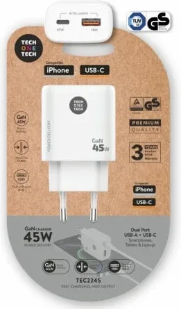 Cargador de Pared GaN Tech One Tech TEC2245/ 1xUSB Tipo-C/ 1xUSB/ 45W