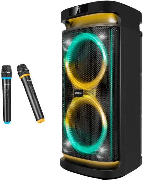 Altavoz rumbleboss phoenix 80w rms batería 4000 mah función karaoke 2 microfonos inalambricos incluidos