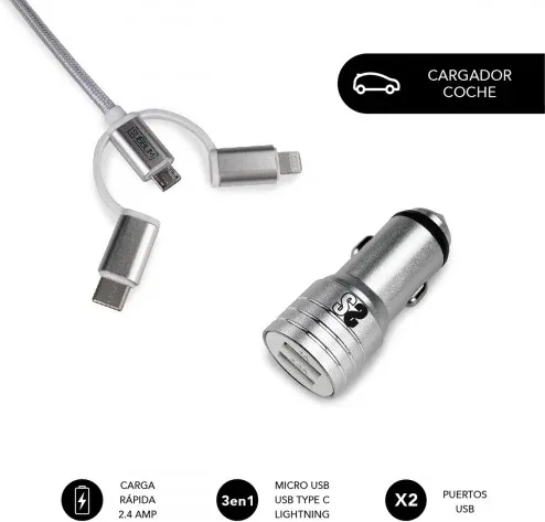 SUBBLIM Cargador Coche 2xUSB Dual Car Charger Alum 2.4A + Cable 3 in 1 Silver
