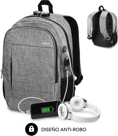 Mochila Subblim Urban Lock para Portátiles hasta 16"/ Puerto USB/ Antirrobo/ Gris