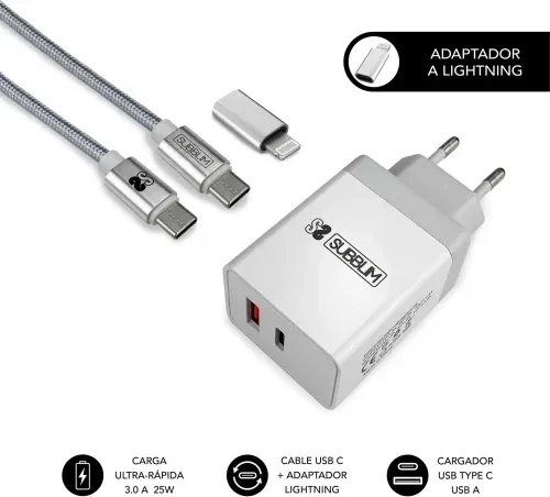 SUBBLIM CARGADOR ULTRA RAPIDO 2xUSB DE PARED PD25W+QC3.0+Cable C to C y lightning Blanco