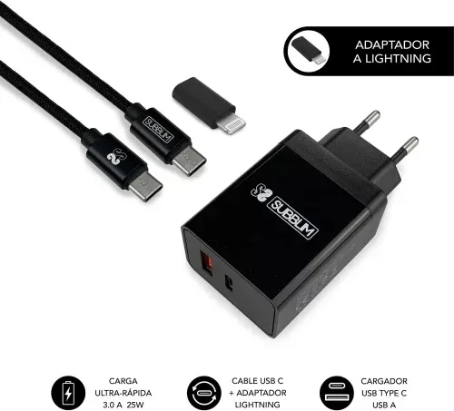SUBBLIM CARGADOR ULTRA RAPIDO 2xUSB DE PARED PD25W+QC3.0+Cable C to C y lightning Negro