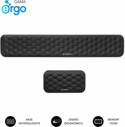 SUBBLIM Pack ERGO AIRPADDING Negro, Reposamuñecas Teclado + Ratón, Espuma viscoelástica 65 D, Tejido AirMesh transpirable, Base antideslizante, Diseño ergonómico para oficina y gaming