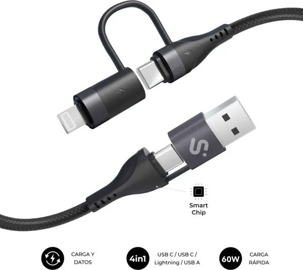 CABLE TOP 4 EN 1 60W USB-A/2xUSB-C/LIGHTNING 1 M NEGRO SUBBLIM
