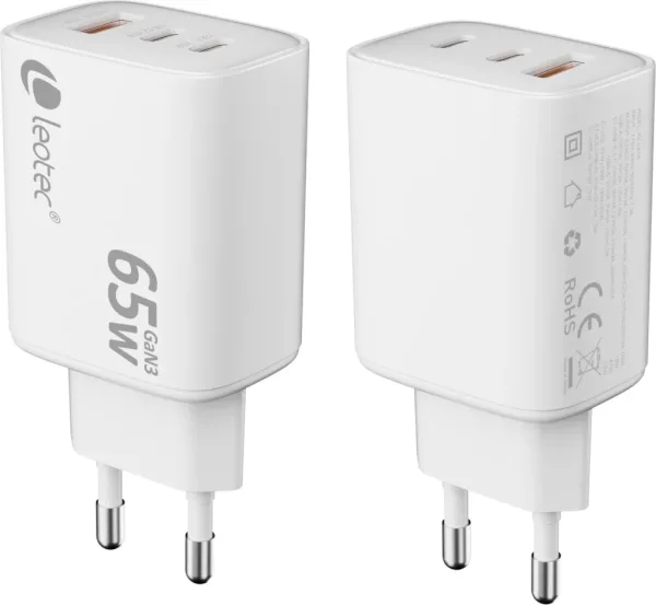 CARGADOR PARED/VIAJE ULTRA SLIM 2xUSB-C/PD + USB-A 65W BLANCO LEOTEC