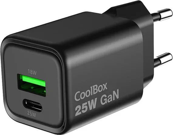 Cargador USB de pared coolbox 25w gan USB tipo a - USB tipo c negro