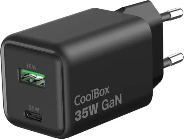 Cargador USB de pared coolbox 35w gan USB tipo a - USB tipo c negro