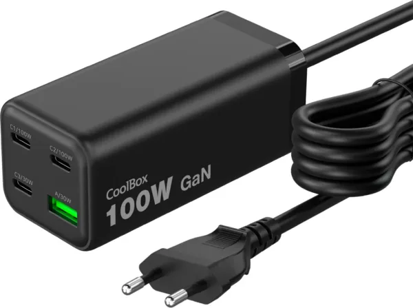 Estacion de carga USB coolbox 100w gan 3x USB tipo c - 1x USB tipo a negro cable 1.5m negro