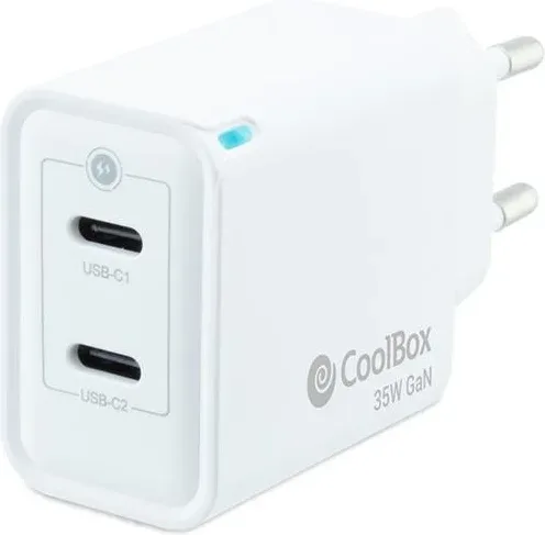 CARGADOR PARED/VIAJE 3.0 GaN USB-C/PD + USB-C 35W BLANCO COOLBOX